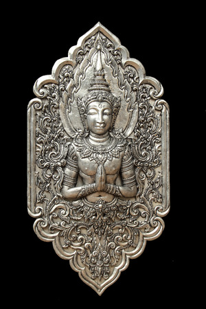 Decorative Art of Lanna Thai silver carving art on temple wall . Srisuphan temple , Chiang mai, Thailand , (Public area)の写真素材