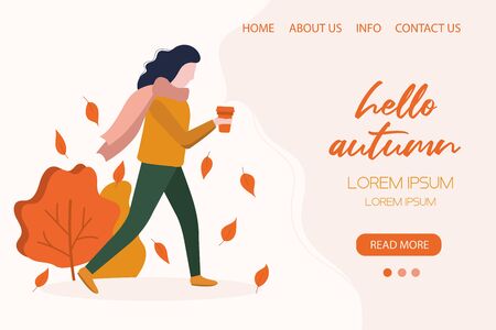 Woman walking with coffee cup in the autumn park. Autumn landing page.のイラスト素材