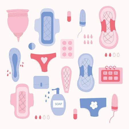 Woman hygiene elements. Menstrual period. Menstrual cup,pad and tampon.のイラスト素材