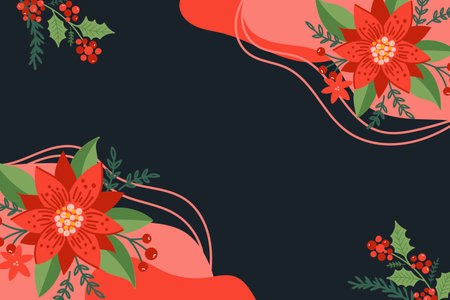 Modern hand drawn Christmas background with green and red Poinsettia floral elements.のイラスト素材