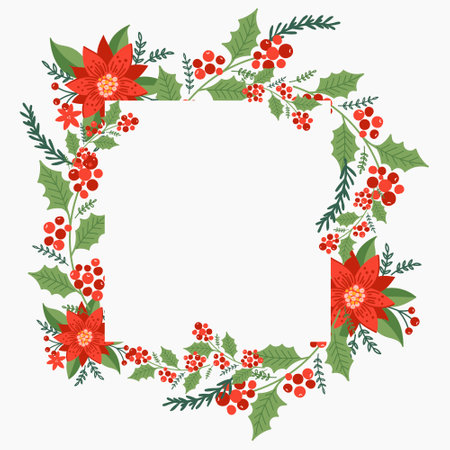 Christmas square wreath with Poinsettia and pine tree branches. Holiday frame.のイラスト素材