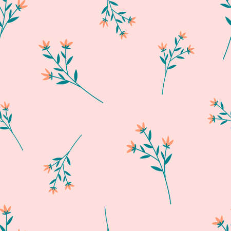 Botanical seamless pattern with flowers on pastel pink background. Leaves and flowers wallpapers. Floral background.のイラスト素材