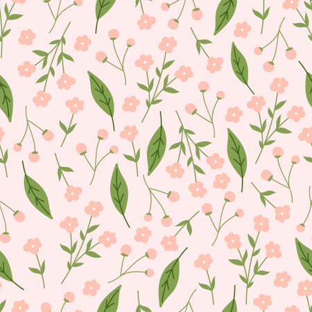 Botanical seamless pattern with flowers on pastel pink background. Leaves and flowers wallpapers. Florals background.のイラスト素材