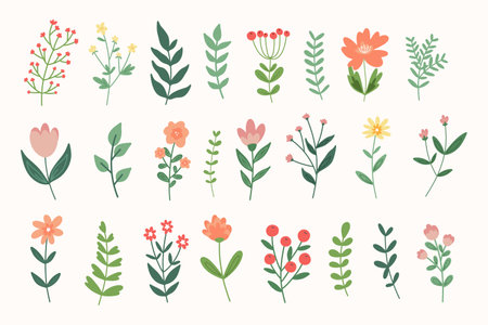 Set of modern floral elements. Flower and green leaves.のイラスト素材