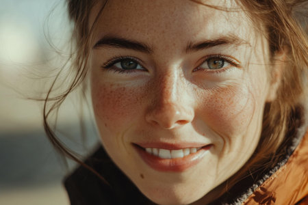A young woman with striking freckles and bright green eyes beams with joy, enjoying the soft sunlight outdoors. Her casual attire suggests a relaxed day in nature.の素材