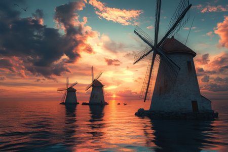 Three windmills stand by calm waters, their silhouettes outlined against a stunning sunset. Vibrant colors fill the sky as the sun dips below the horizon, creating a tranquil atmosphere.の素材