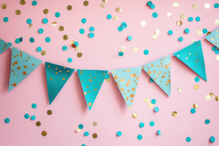 Festive decorations featuring blue triangular banners with gold polka dots are strung across a pink backdrop, surrounded by scattered gold and blue confetti, perfect for celebrations.の素材