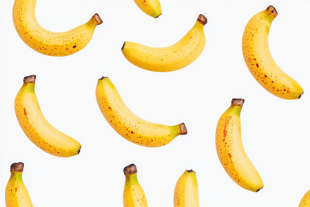 A collection of ripe yellow bananas is displayed against a plain white background. The bananas vary in positions and angles, highlighting their smooth texture and natural spots.の素材