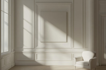 Soft sunlight filters through expansive windows, illuminating a serene minimalist room with light-colored walls. A lone chair adds a touch of elegance to the tranquil space.の素材