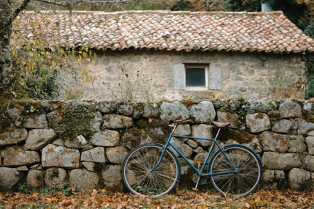 A vintage bicycle leans against a moss-covered stone wall beside a quaint cottage. Autumn leaves scatter around, highlighting the serene rural landscape and rich textures of nature.の素材