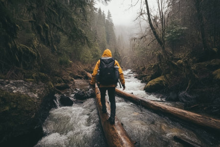 A person wearing a yellow jacket carefully walks across fallen logs over a rushing river, surrounded by tall trees and misty conditions. The atmosphere feels serene yet adventurous.の素材