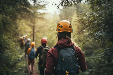 A group of climbers is hiking along a forest trail, wearing helmets for safety. Sunlight filters through the trees, creating a peaceful atmosphere as they explore nature together.の素材