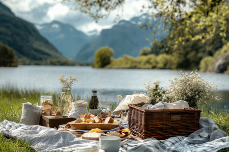 A delightful picnic setup featuring a variety of foods and drinks is arranged on a blanket, overlooking a tranquil lake with majestic mountains in the background.の素材