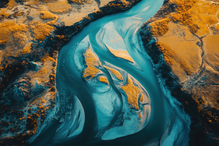 A winding river gracefully flows through a golden-toned landscape during sunset. Vibrant colors blend, showing the serene beauty of nature\'s design in this tranquil setting.の素材