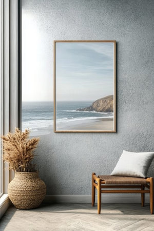 A coastal artwork hangs on the wall of a minimalist living space, showcasing a tranquil ocean view. Sunlight floods through large windows, enhancing the peaceful atmosphere.の素材