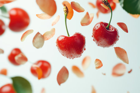Juicy cherries are suspended in mid-air surrounded by soft rose petals, creating a lively and colorful display that evokes feelings of freshness and delight.の素材