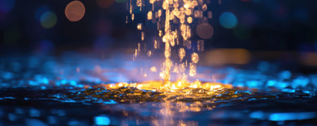 A vibrant water fountain shoots up streams of water illuminated by colorful lights. The atmosphere is enchanting, set against the backdrop of a bustling urban park during the evening.の素材