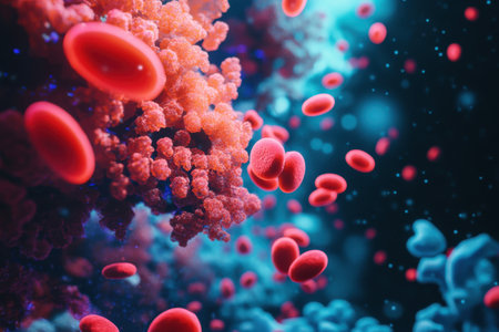 Red blood cells are depicted moving through a colorful underwater scene, surrounded by intricate coral formations. The bright blues and reds create a dynamic atmosphere.の素材