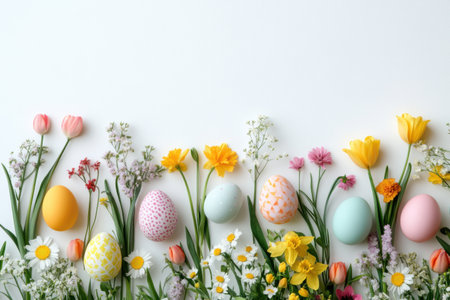Brightly colored Easter eggs are lined up among a variety of spring flowers, creating a cheerful display on a white surface, perfect for celebrating the holiday.の素材