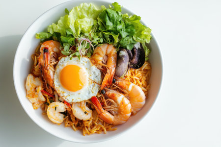 A bowl filled with vibrant noodles topped with juicy shrimp, fresh greens, and a perfectly cooked sunny-side-up egg, presented appealingly against a white backdrop.の素材