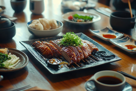 A group gathers around a wooden table to enjoy a meal featuring sliced grilled meat, fresh herbs, rice, and assorted side dishes. Laughter and conversation fill the air.の素材