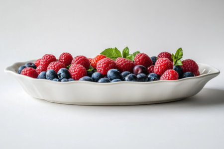 A platter filled with vibrant raspberries and blueberries is beautifully displayed, showing the fresh colors. Perfect for summer events and healthy snacking.の素材