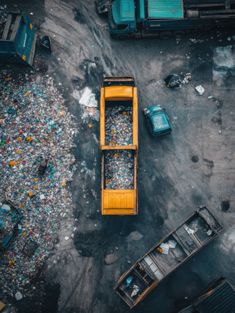 Trucks loaded with waste are parked in a waste management facility surrounded by a large pile of garbage, illustrating the challenges of urban waste disposal systems.の素材