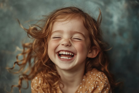 A young girl with vibrant red curls is laughing joyfully, her bright smile radiating happiness. She wears a dotted dress and has a playful demeanor, creating a cheerful atmosphere.の素材