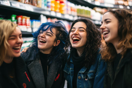 Four young women share a laughter-filled moment in a grocery store, surrounded by shelves stocked with various products. Their joyful expressions showcase their friendship and enjoyment.の素材