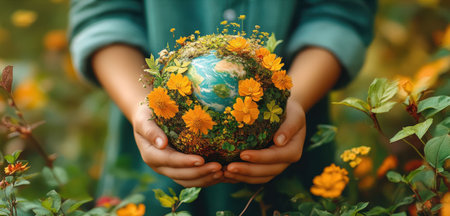 A pair of hands supports a vibrant globe decorated with flowers and greenery, symbolizing the importance of caring for the planet. Bright yellow blooms contrast with the earth's surface.の素材