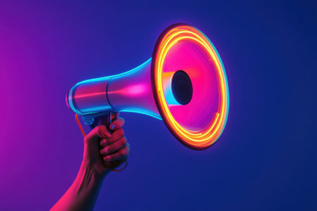 A hand grips a vibrant megaphone radiating neon colors, creating an energetic atmosphere at a celebration or announcement. The dynamic background adds to the excitement.の素材