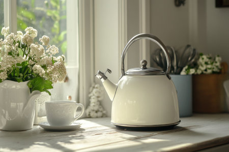 A white kettle sits on a rustic countertop, accompanied by a delicate cup and fresh white flowers in a vase, creating a warm and inviting morning atmosphere in the kitchen.の素材