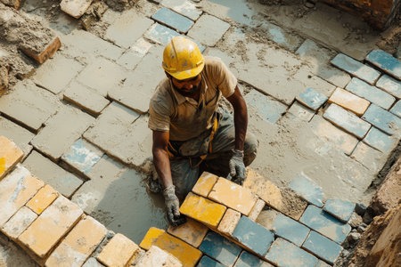 A skilled worker carefully places vibrant bricks into a pattern on a construction site. The ground is damp with wet cement, showing the labor involved in building.の素材