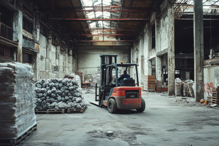 A fork lift operates within a spacious warehouse, moving materials amidst stacks of pallets and debris. The industrial setting features exposed beams and large windows letting in light.の素材