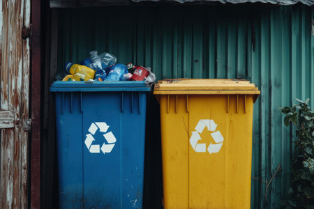 Two recycling bins, one blue and one yellow, overflow with plastic bottles and cans beside a rustic wooden shed under bright sunlight.の素材
