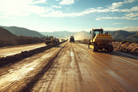 Construction vehicles are actively working on a dirt road in a mountainous region. Dust clouds rise as machines reshape the landscape under a glowing sunset.の素材
