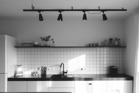 A contemporary kitchen displays a clean layout with a black countertop, white cabinets, and stylish lighting fixtures. Sunlight streams in, enhancing the minimalist aesthetic.の素材