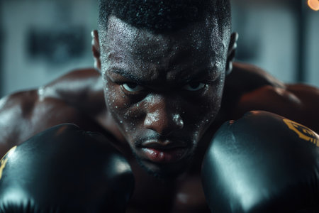 Boxer stands in a gym, focused and determined, covered in sweat. The atmosphere is tense as he prepares for an upcoming match, exhibiting his skills in intense training.の素材
