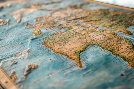 A vintage topographical map highlights Africa and nearby oceanic regions, showcasing mountains, valleys, and coastlines. The intricate details reflect geographical features, enhancing exploration.の素材