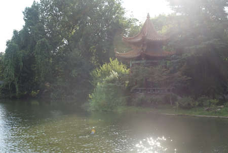 Pavilion on the lake in the park in Beijing, Chinaの写真素材