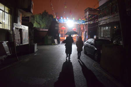 View of a street in Kathmandu in the eveningの写真素材