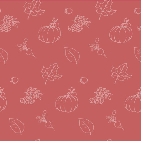 Autumn pattern of leaves and vegetables Pumpkin Leaves Acorn berriesのイラスト素材