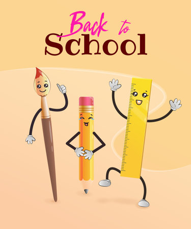 back to school. Cute kawaii characters ruler, pencil and brush.のイラスト素材