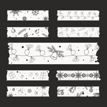 black and white minimalistic ribbons Washi tape sticker set christmas themed new year clipartのイラスト素材