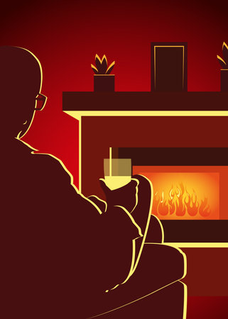 silhouette of a man in an armchair in front of a fireplace with a drinkのイラスト素材