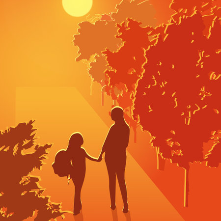 Silhouette of a woman with a child on the alley, go to schoolのイラスト素材