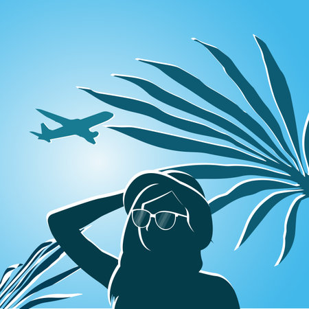 Silhouette of a girl in a hat on the seashoreのイラスト素材