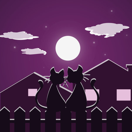 Cats on the fence, against the backdrop of the full moonのイラスト素材