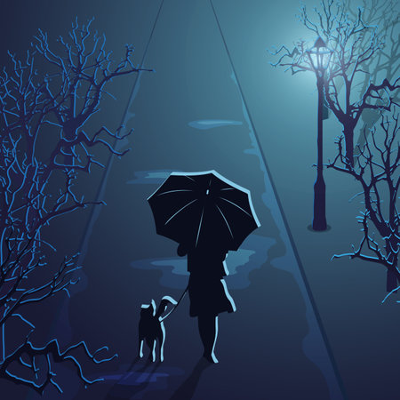 Silhouette of a girl under an umbrella with a dogのイラスト素材