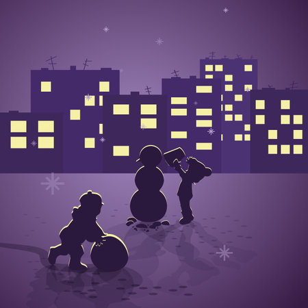 Children play with snow in the yardのイラスト素材
